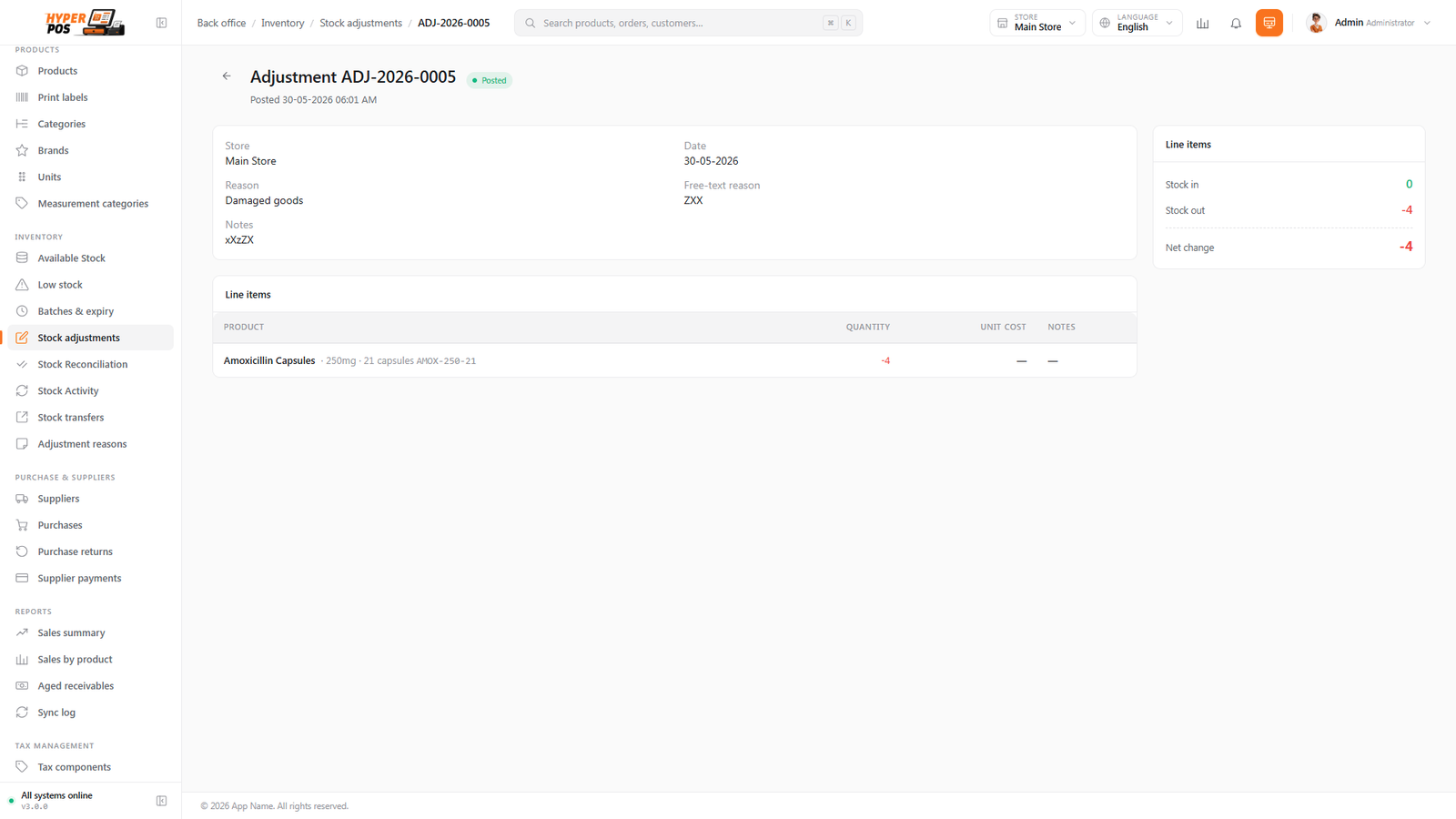 The stock adjustment editor with product lines, In/Out direction and a reason