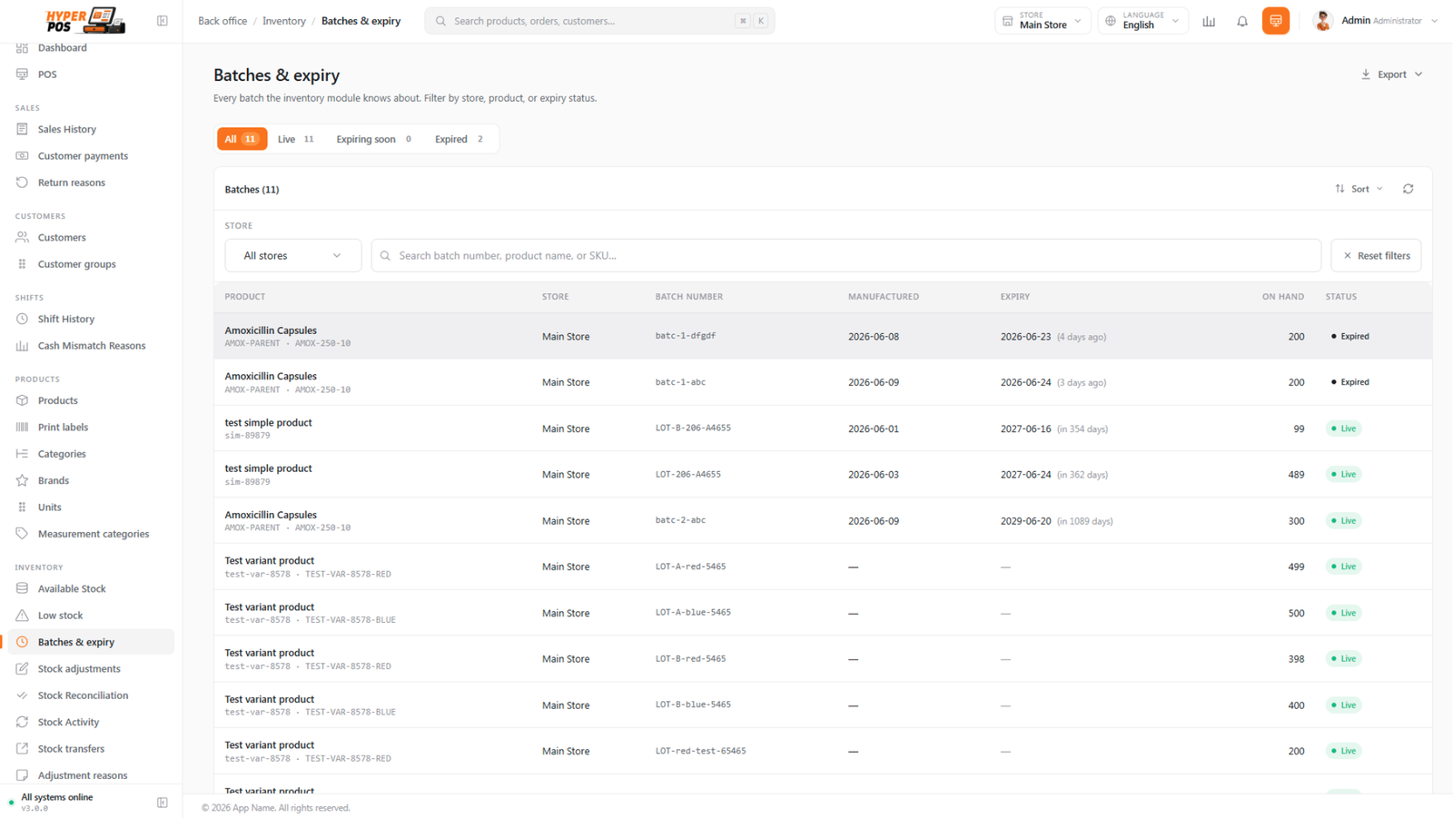 The Batches and expiry screen with Live, Soon and Expired tabs