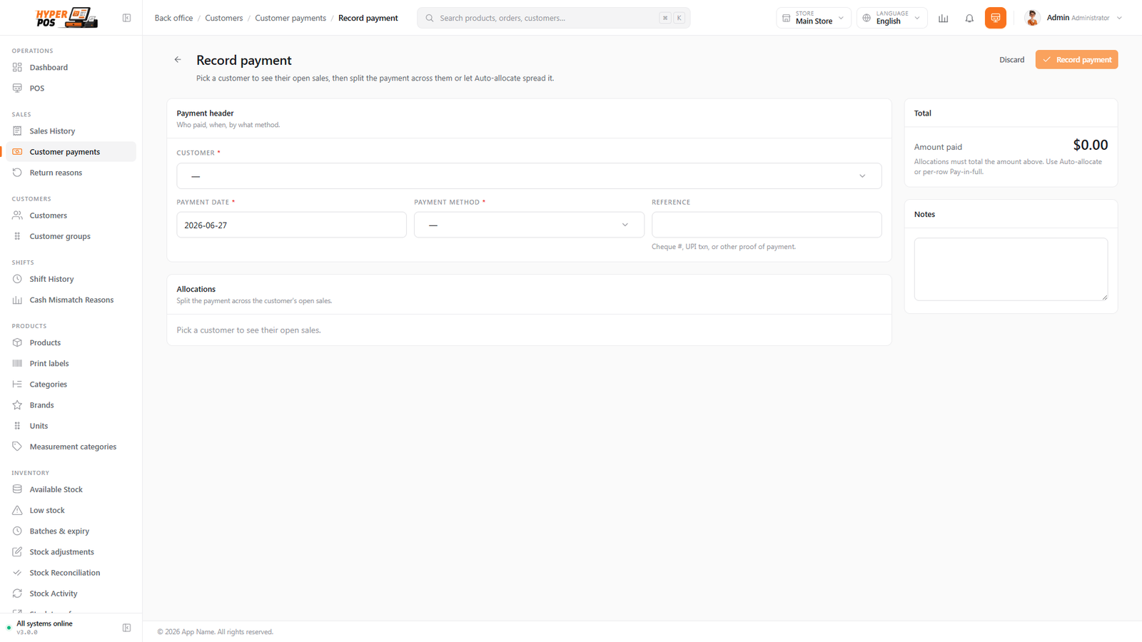 The record-payment screen showing the customer, amount, payment method and the unpaid sales it will settle