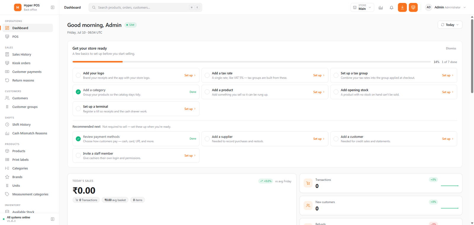 The Get your store ready card on the dashboard, with a progress bar and a list of setup steps each with a Set up button