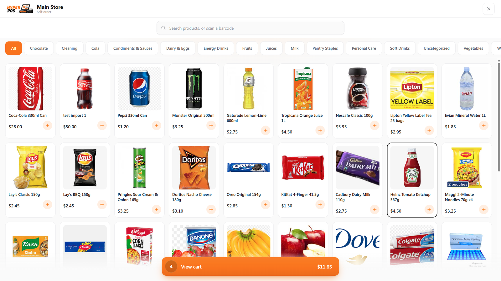 The kiosk browse screen with category chips, a search box and a grid of product tiles with photos and prices
