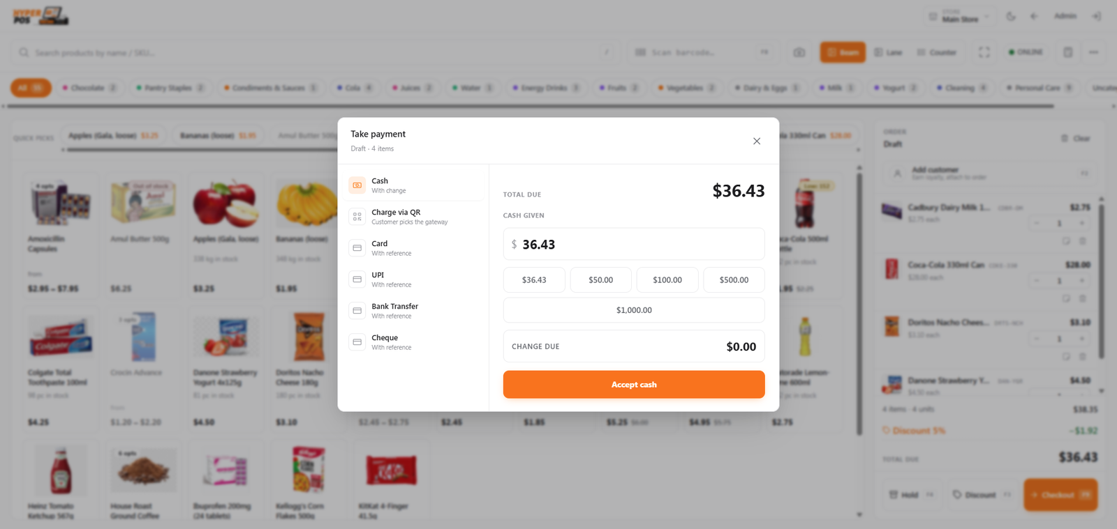 Cash payment window showing amount due, tendered amount, and change due