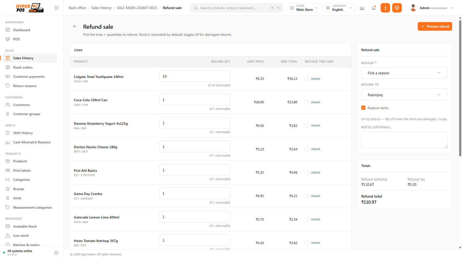 The refund window with the refund method set to Use original method