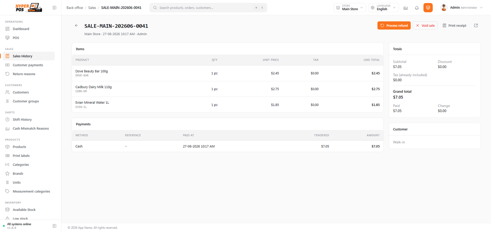 A single sale's detail page showing its line items, totals and payments, with Reprint and Void actions