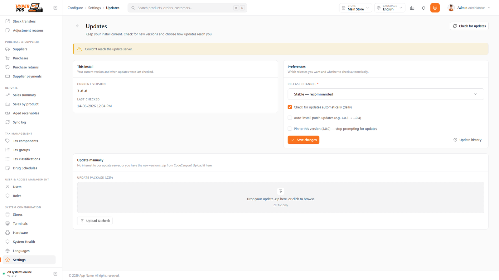 The Updates page showing the current version and an available update with release notes